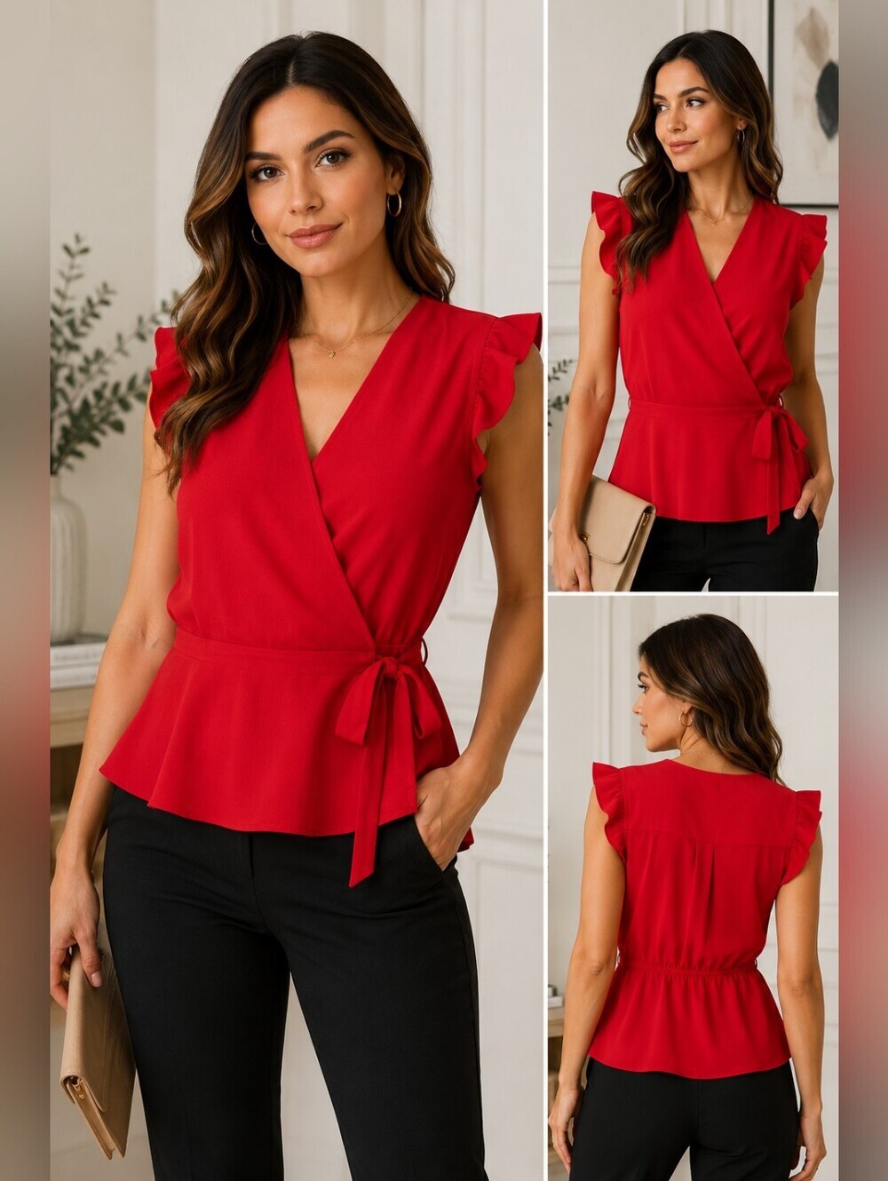 🔥 RED Monteau Los Angeles Wrap Blouse | Flutter Sleeve Peplum Top | Size Sm